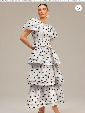 Polka Dot Tiered Midi Dress - White with Black Dots